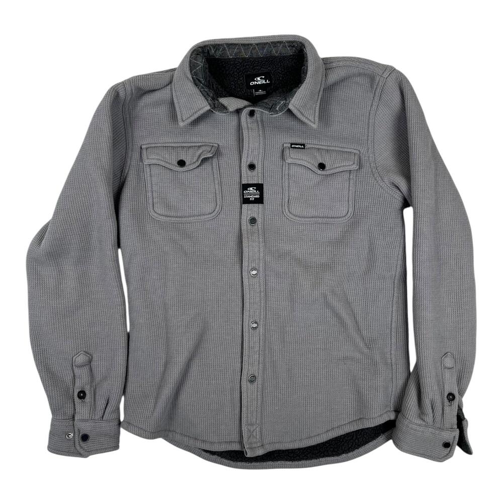 O'Neill Jacket Mens Medium Gray Sherpa Lined Snap Front Waffle Fleece Shacket